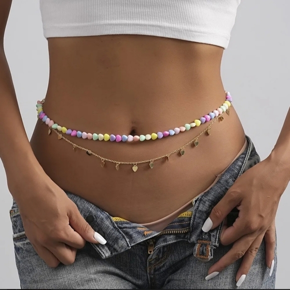 Waist Chain Set Pastel Heart and Gold Heart Belly Chain Set - Picture 4 of 7